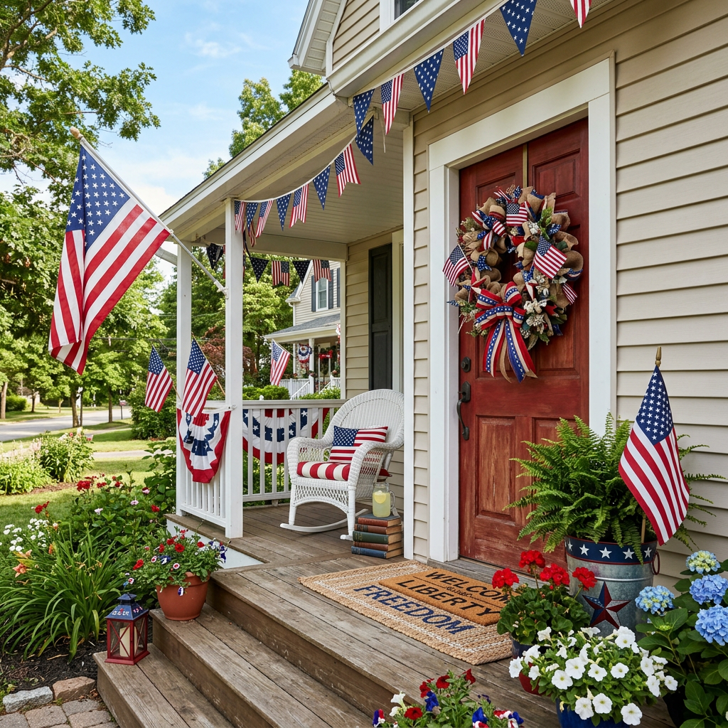 Front porch with red door, American flags, patriotic wreath, and bunting decorations