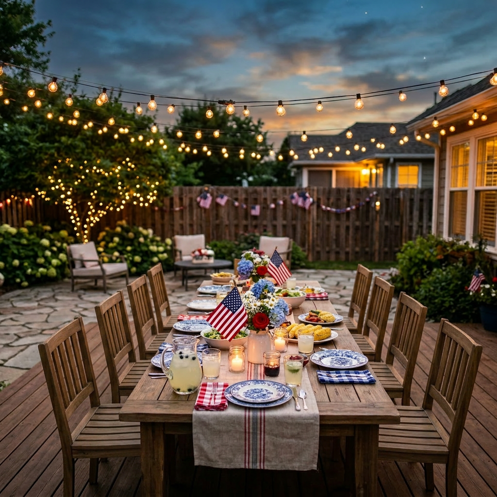 Group of friends seated around a decorated outdoor table with American flags and string lights