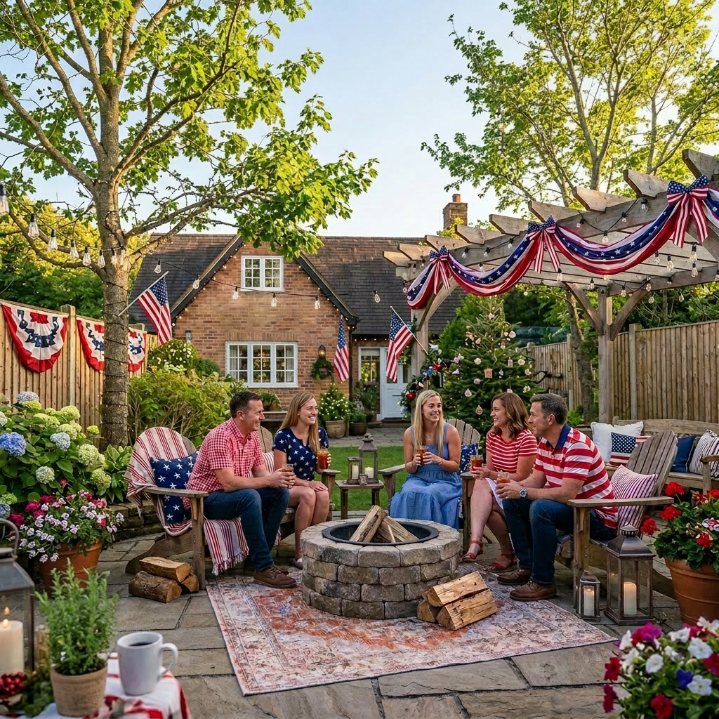Five friends sitting around a firepit in a decorated backyard at night