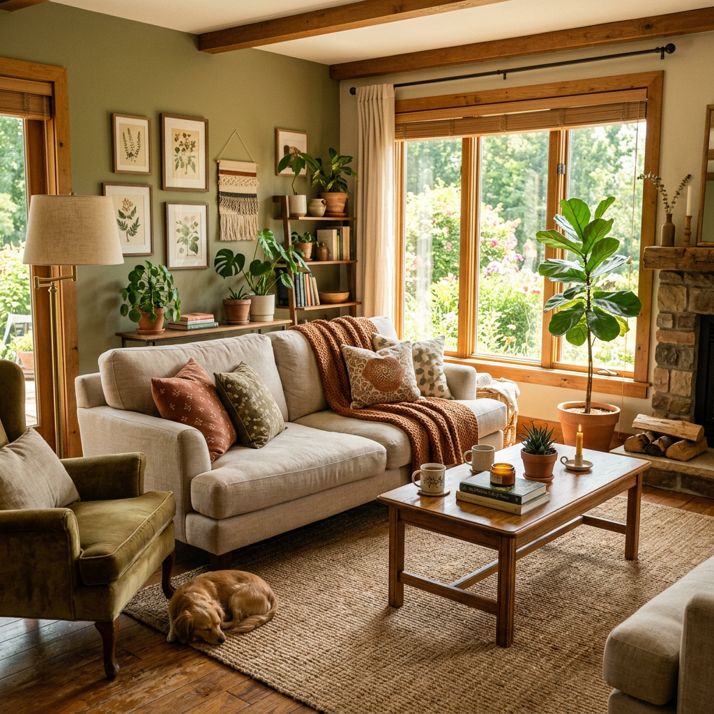 Living room with beige sofa, green armchair, plants, and large window showing garden