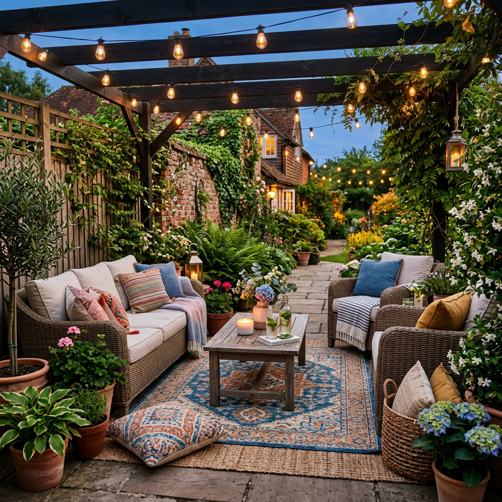 Outdoor patio seating area with wicker furniture, cushions, plants, string lights, and candles
