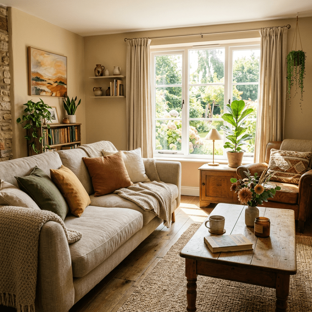 Living room with beige sofa, wooden coffee table, green plants, and large window with garden view
