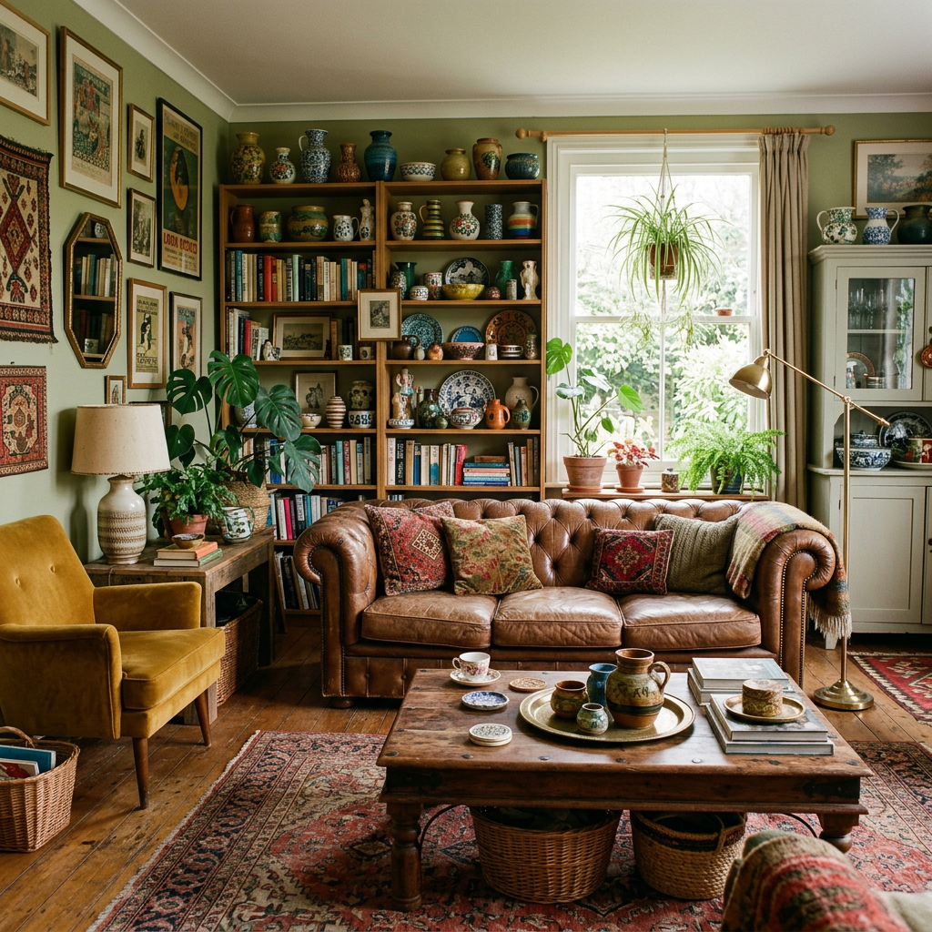 Cozy living room with leather sofa, mustard armchair, wooden coffee table, vintage rug, bookshelf with ceramics and books, and plants by the window.