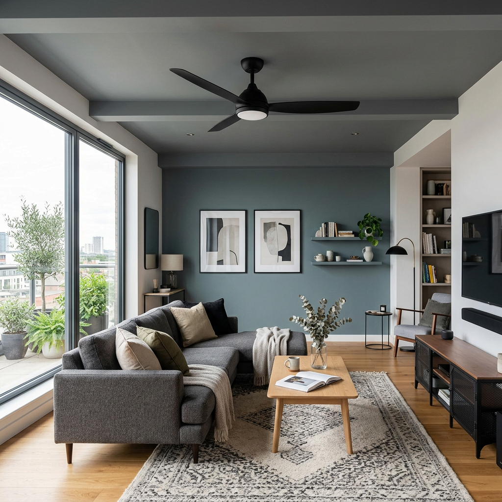 Modern living room with gray sofa, coffee table, abstract wall art, and large windows showing city view