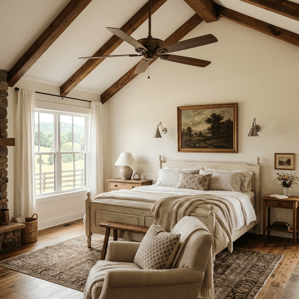 Rustic bedroom with exposed wood ceiling beams, a large window, a bed with neutral linens, and comfortable seating