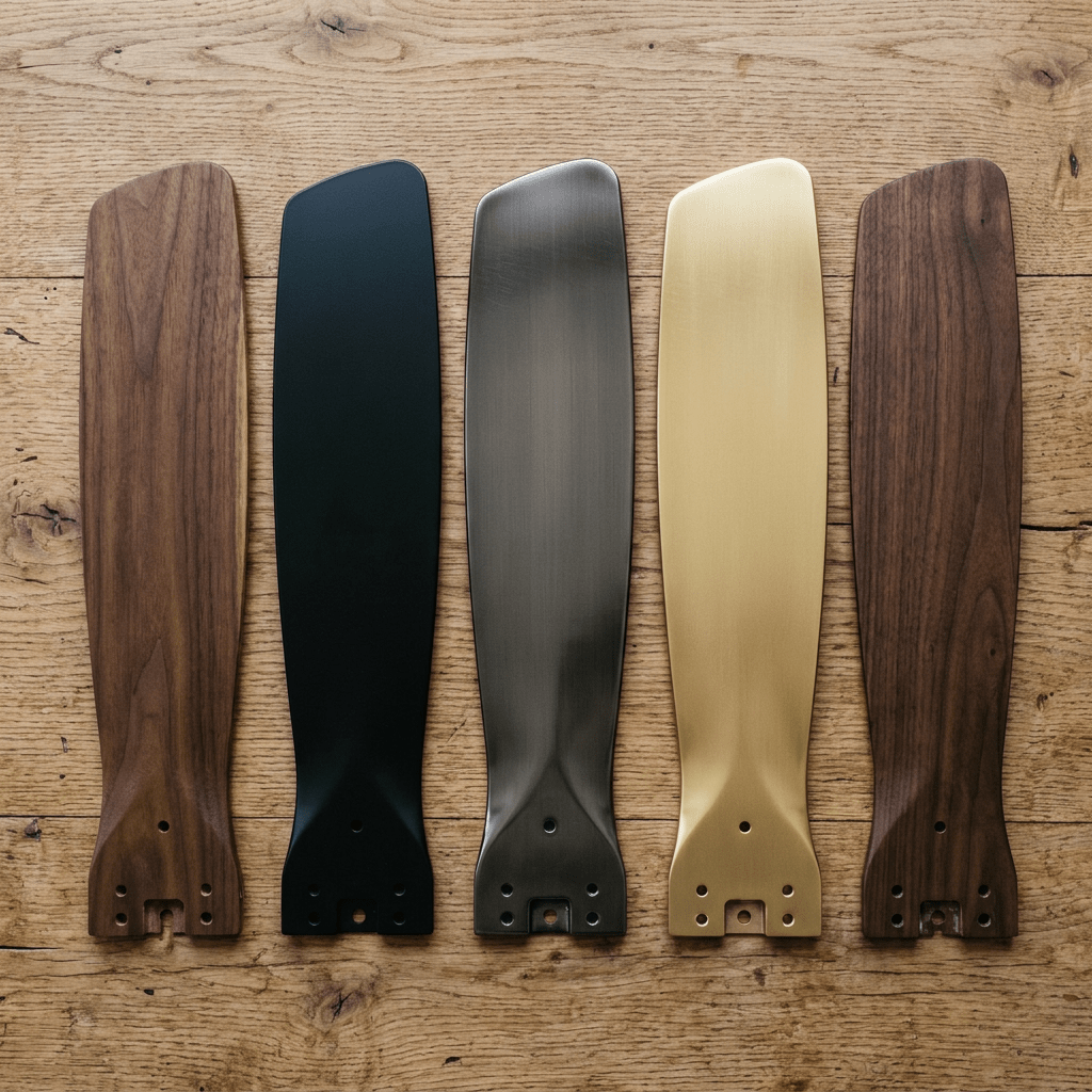 Five ceiling fan blades in different colors and finishes laid out on wood