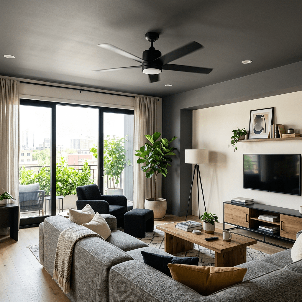Living room with sectional sofa, armchair, coffee table, plants, and large sliding glass doors.