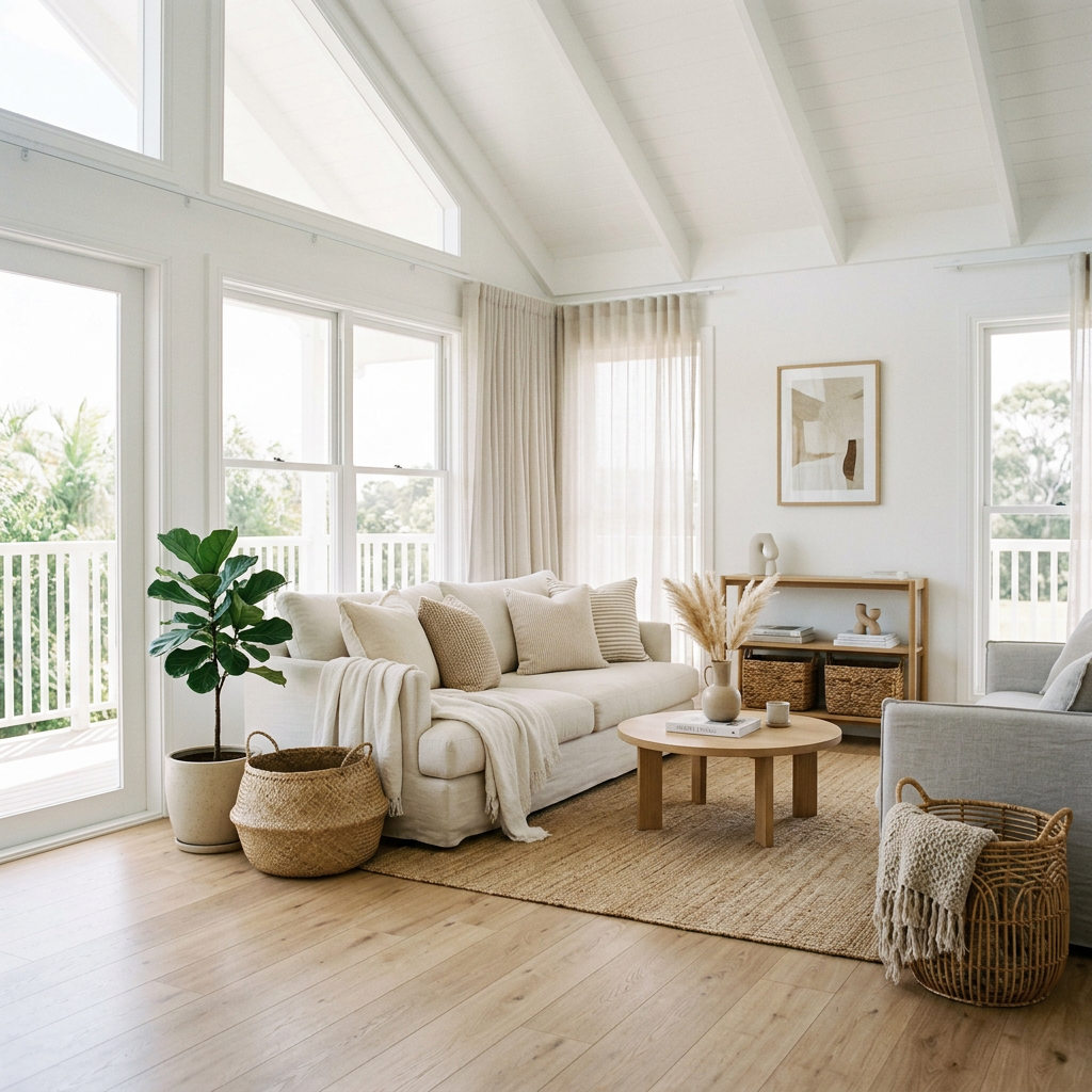 Bright living room with large windows, white sofa, wooden coffee table, and natural decor