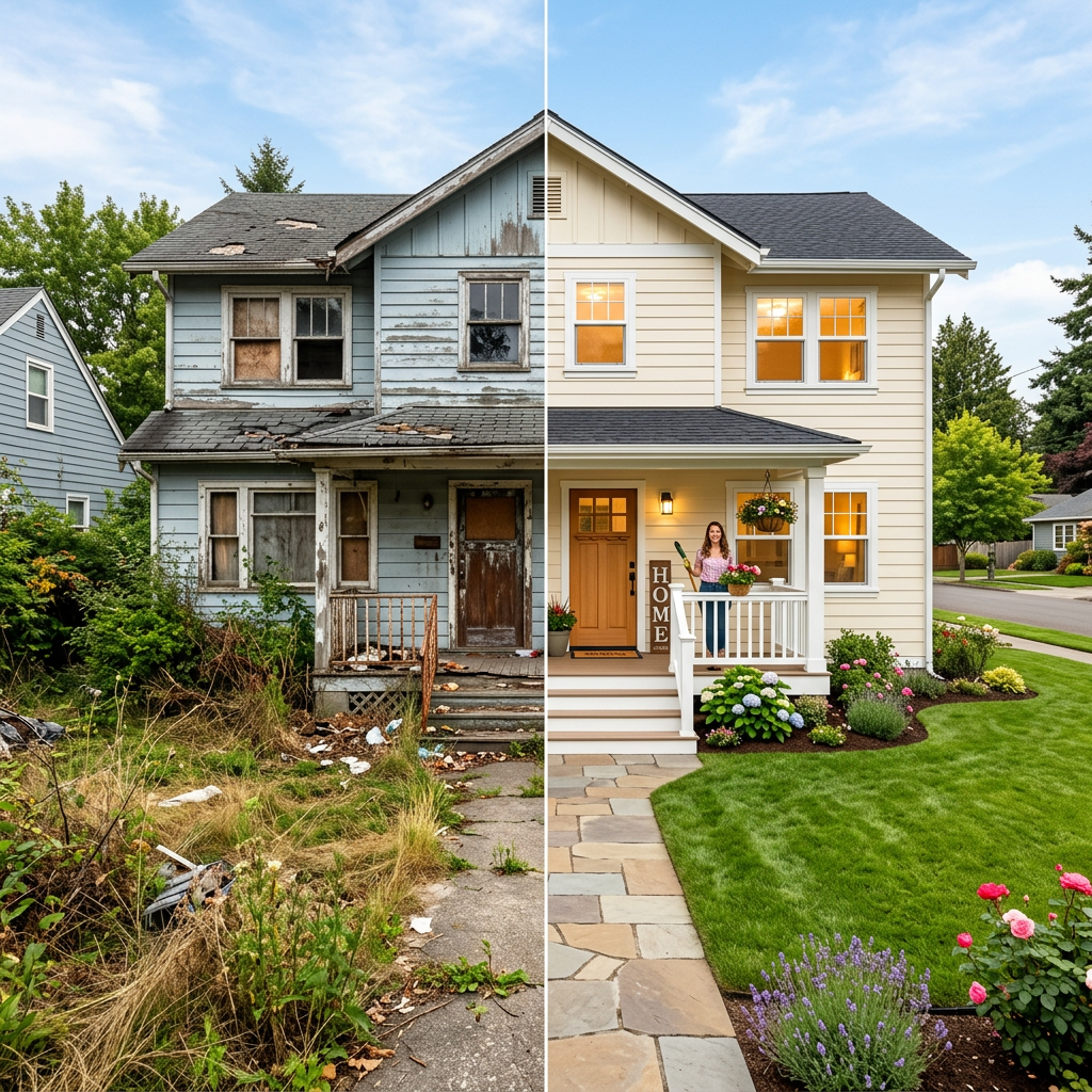 Left side dilapidated house with broken windows and overgrown yard, right side fully renovated house with fresh paint, manicured lawn, and a woman on the porch