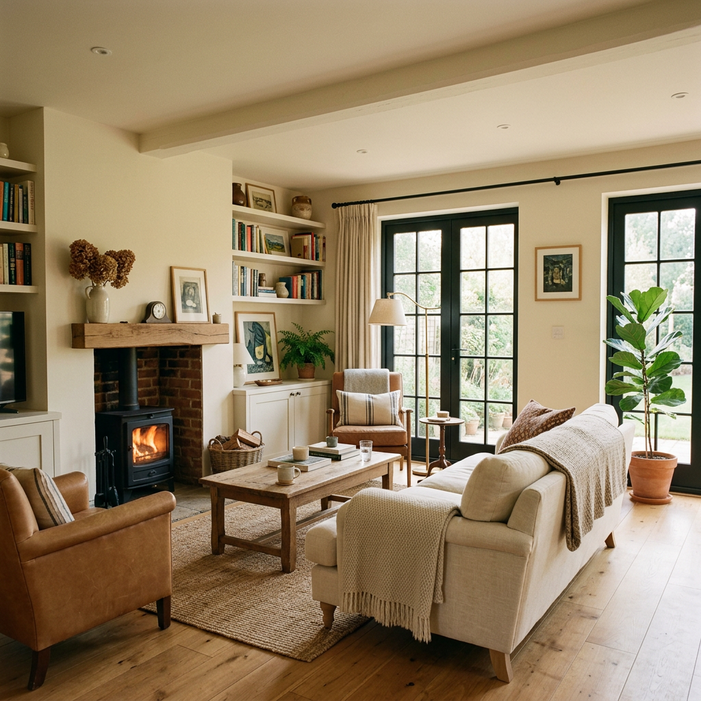 Living room with wood-burning stove, leather and fabric chairs, wooden coffee table, and large windows