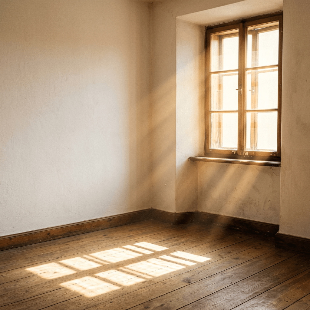 Empty room with wooden floor and sunlight streaming through a window