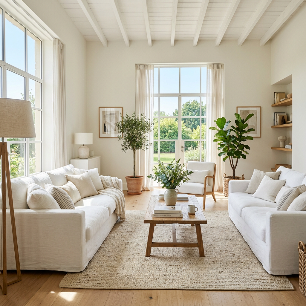 Bright living room with white sofas, wooden coffee table, plants, and large windows