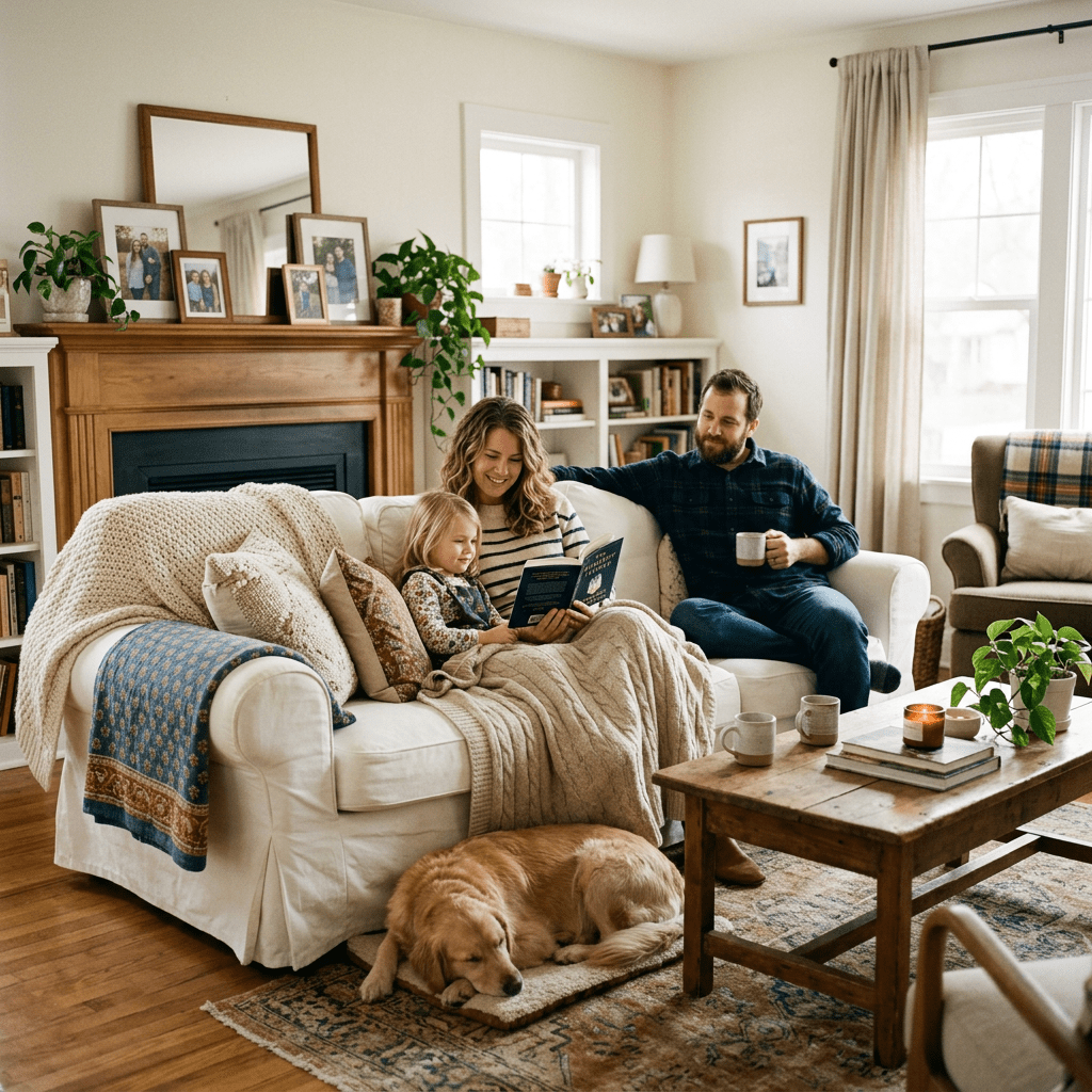 Family reading together on sofa with dog lying on rug