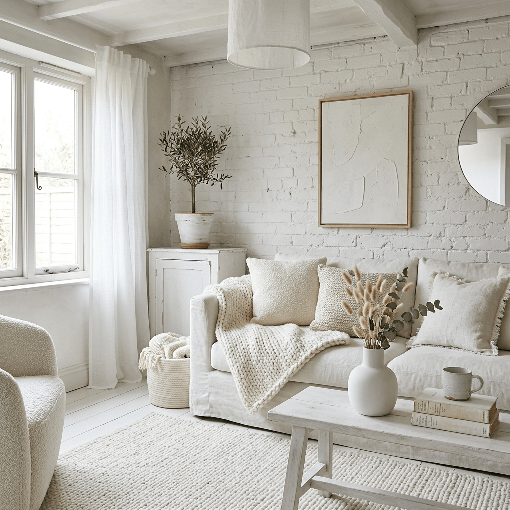 Living room with beige sofa, knit throw, textured pillows, white brick wall, potted plant, wooden coffee table, and soft rug