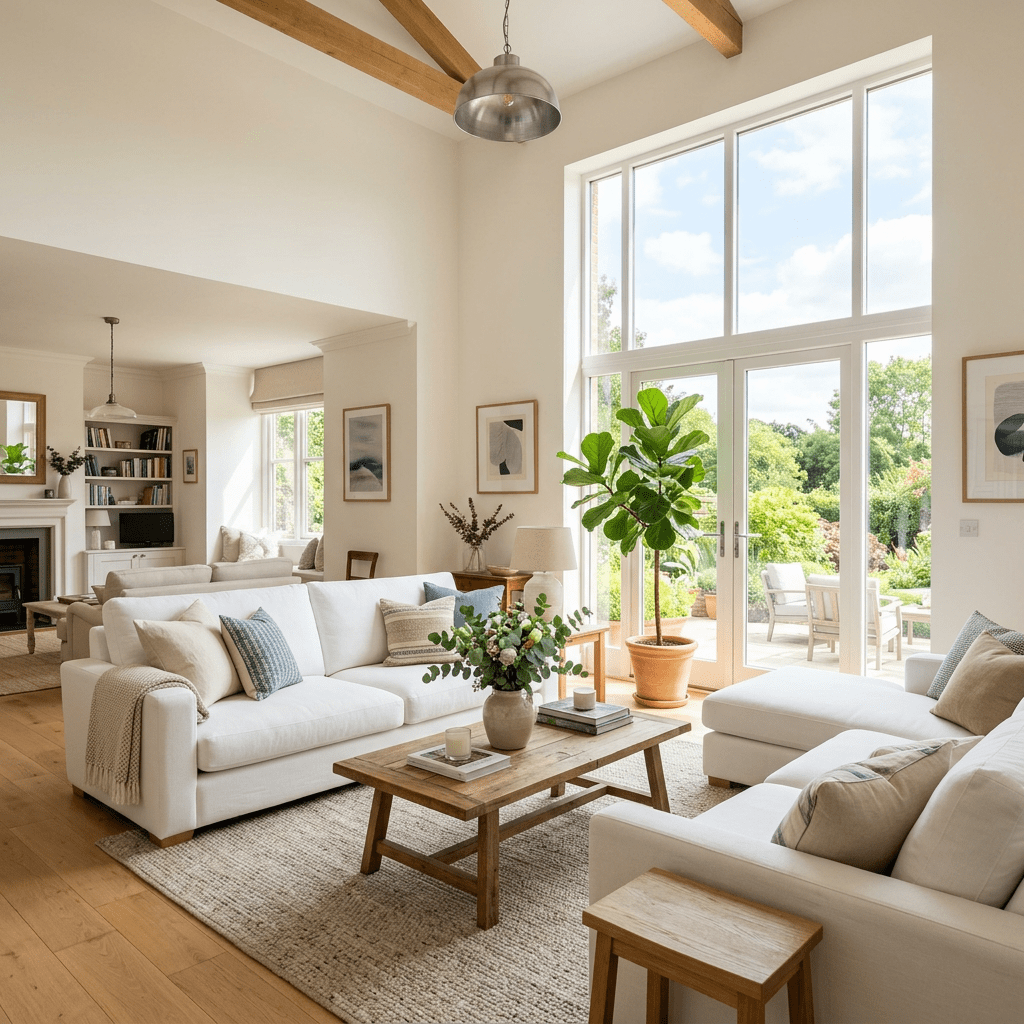 Modern living room with white sofas, wooden coffee table, large windows, and garden view