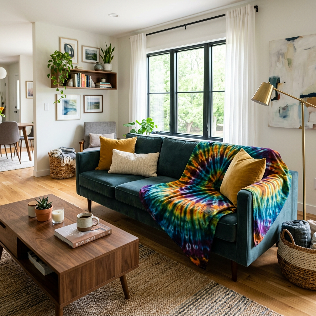 Teal sofa with mustard and cream pillows and tie-dye blanket in a bright living room