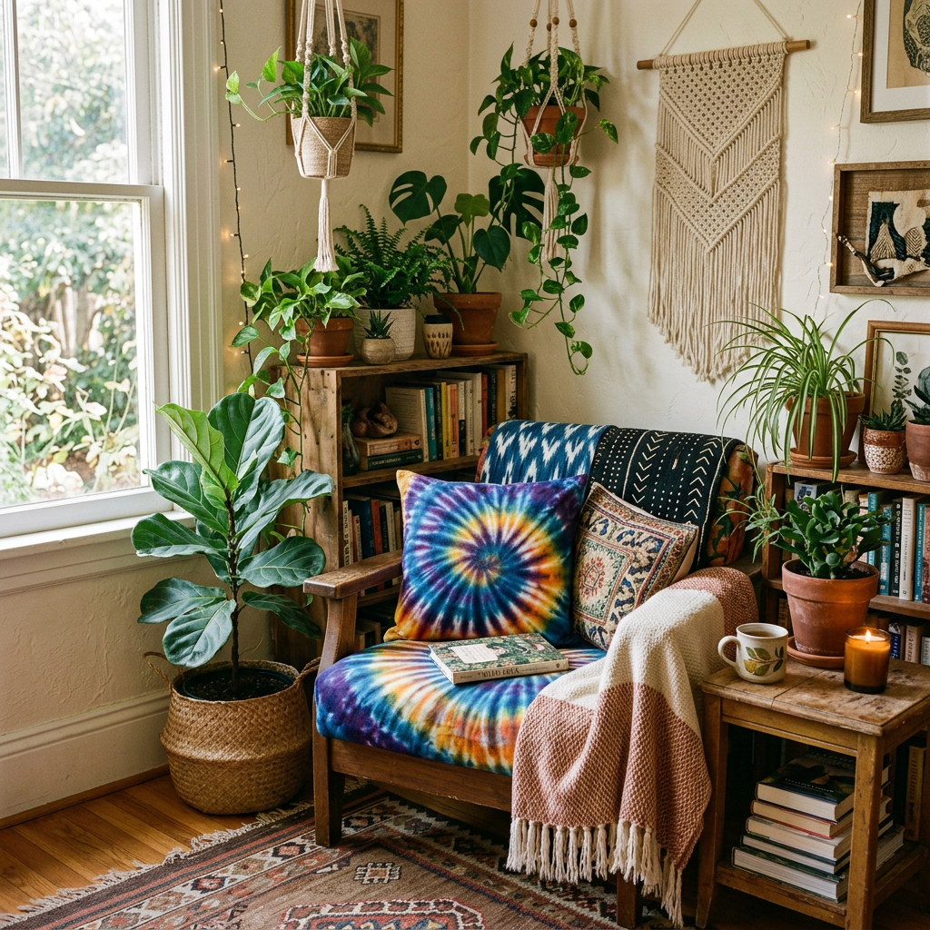 Reading nook with colorful tie-dye cushions, plants, and books