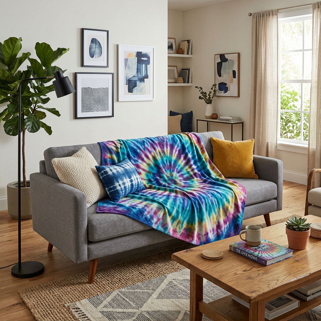 Gray sofa with tie-dye blanket and pillows in cozy living room