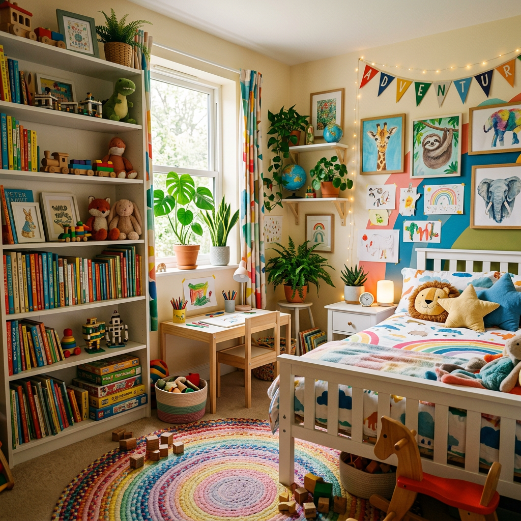 Children's bedroom with toys, bookshelves, colorful artwork, plants, and a white bed with rainbow bedding