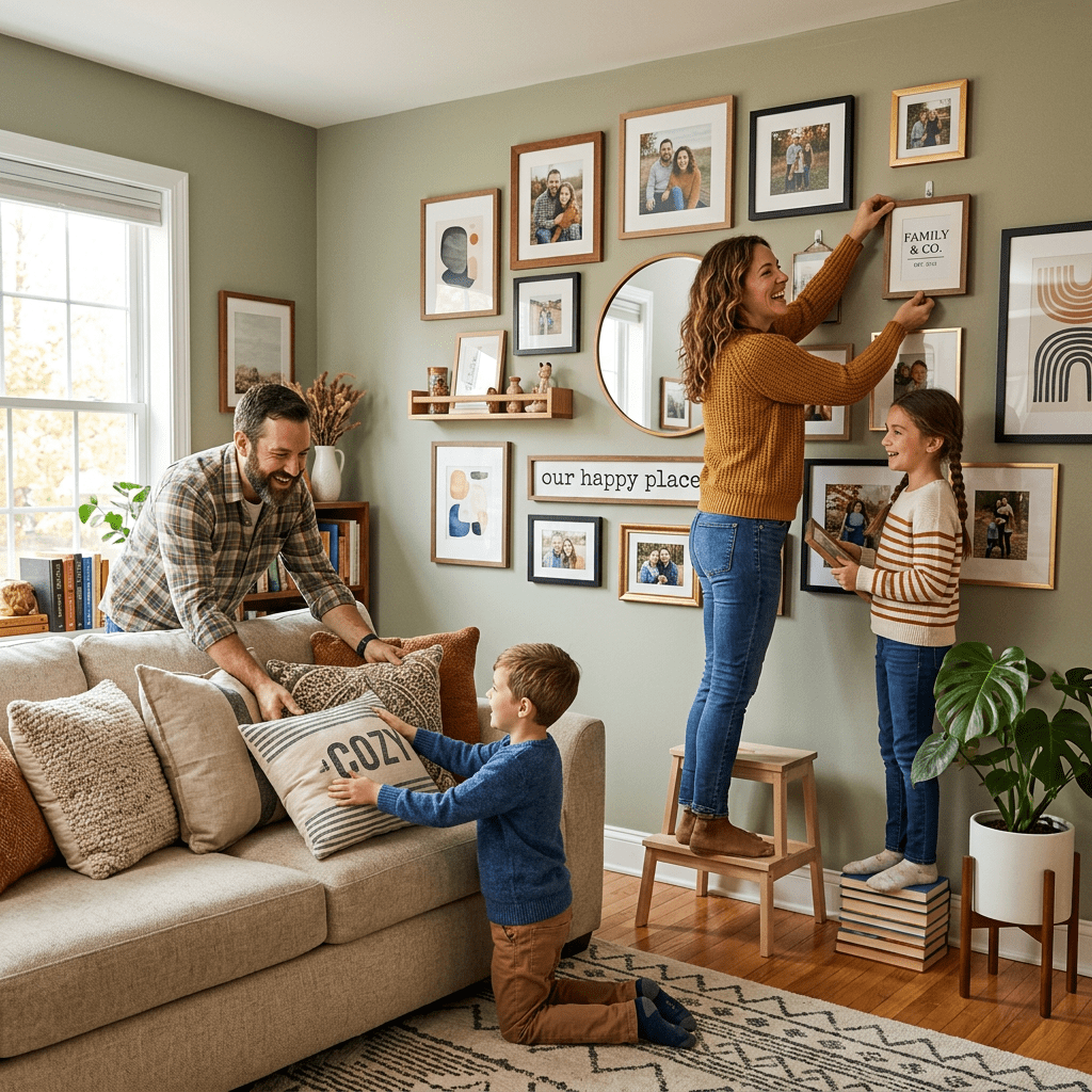 Family hanging framed photos and decor on living room wall