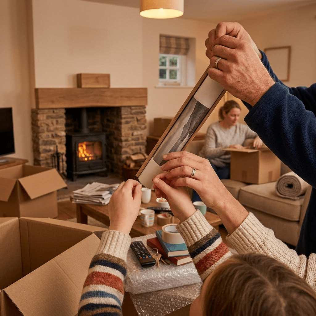 Remove Christmas decorations, newly moved-in home scene