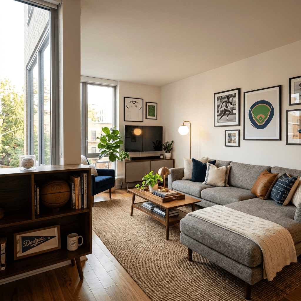 Living room with gray sectional sofa, wooden coffee table, sports-themed wall art, and shelf with basketball and Dodger memorabilia