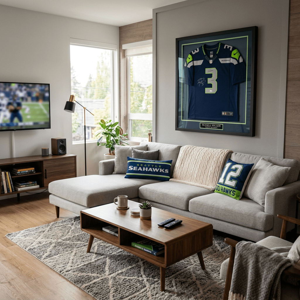 Living room with gray sectional sofa, Seahawks pillows, framed Russell Wilson jersey, and TV showing football game