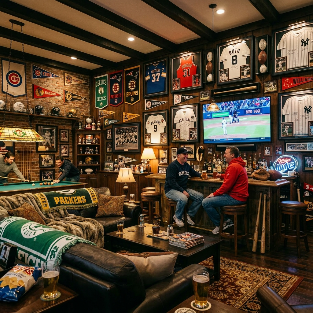 Home bar and game room with sports memorabilia, two men sitting at bar, two playing pool, TV showing baseball game