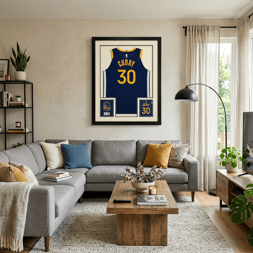 Framed Stephen Curry basketball jersey with number 30 displayed above gray sectional sofa