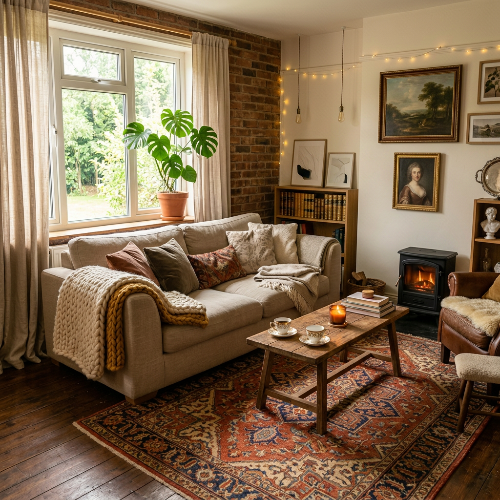 Living room with beige sofa, indoor plants, wooden coffee table, and small fireplace