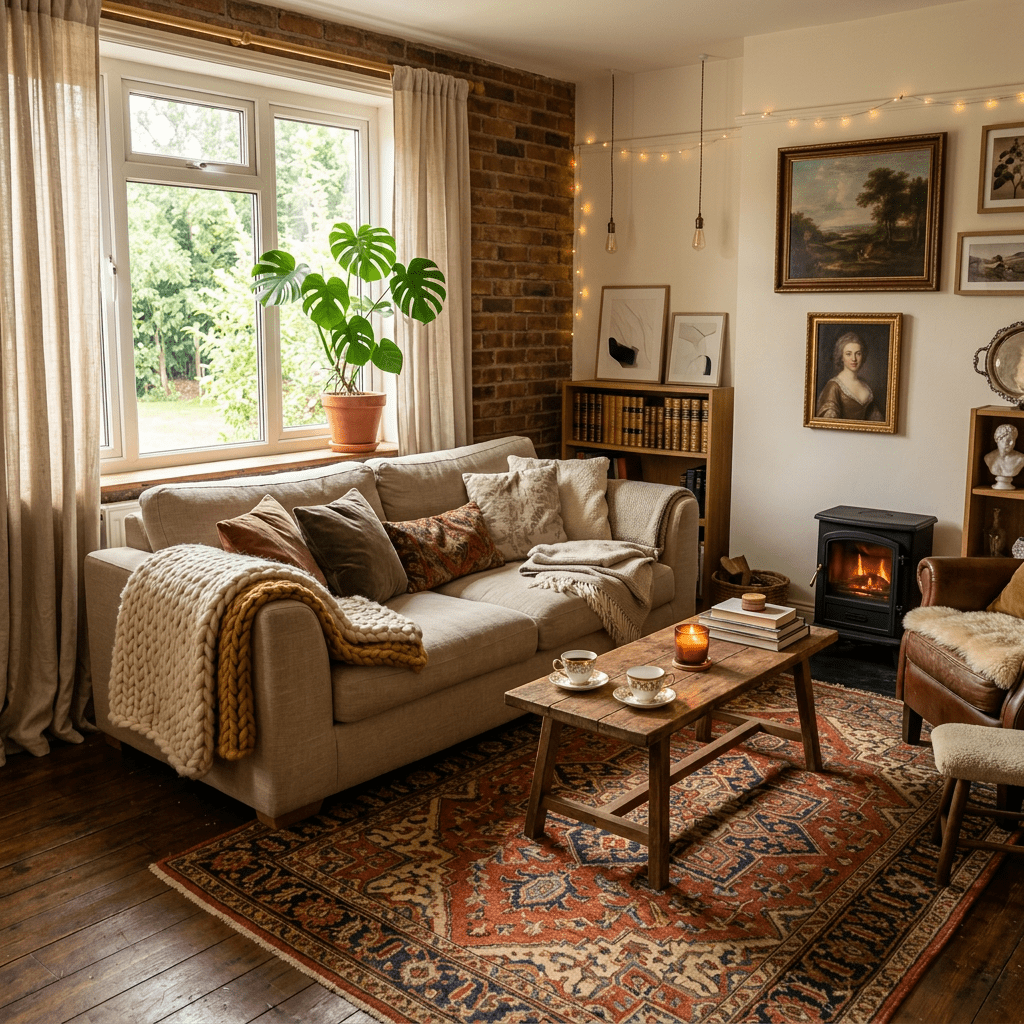 Living room with beige sofa, indoor plants, wooden coffee table, and small fireplace