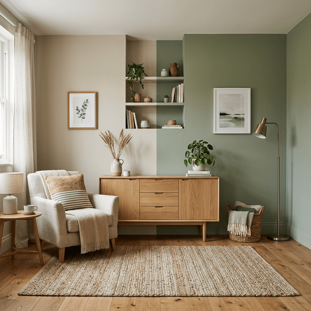 Living room corner with beige armchair, wooden cabinet, green and beige walls, and decorative plants