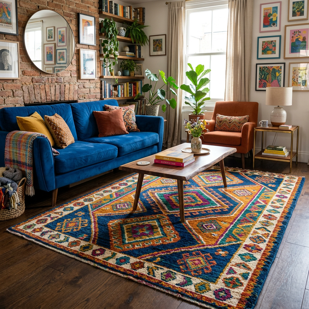 Living room with blue sofa, orange armchair, patterned rug, and wall art