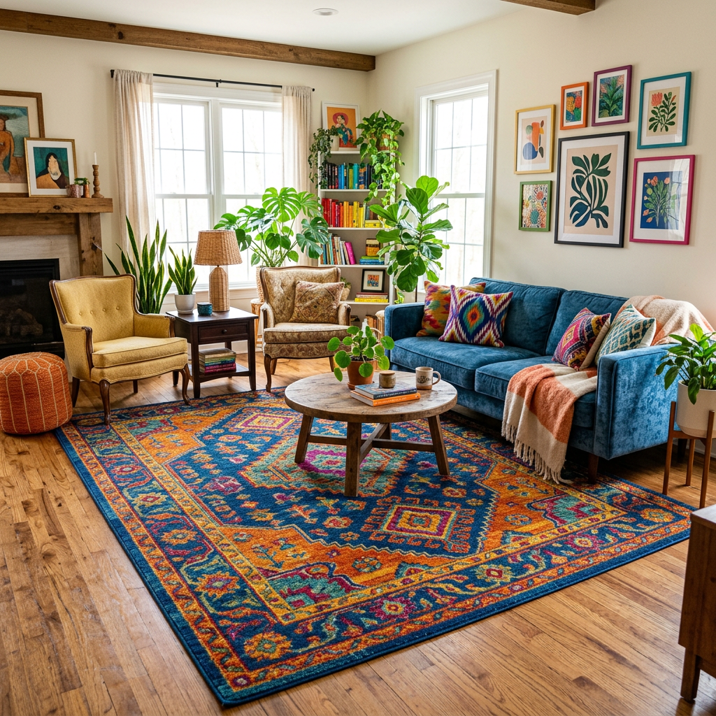 Living room with blue sofa, yellow chairs, multi-colored rug, plants, and framed art on wall