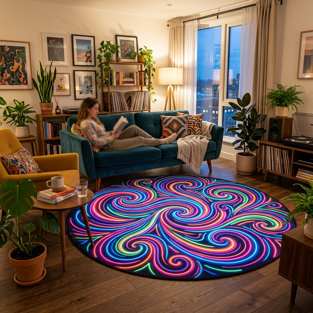 Round rug with bright neon swirl pattern in living room