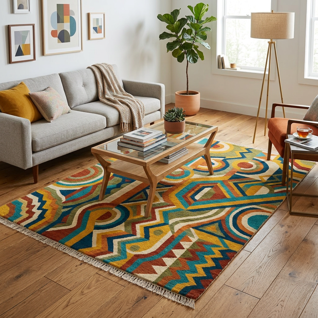 Area rug with colorful geometric patterns in blue, orange, yellow, green, and white.
