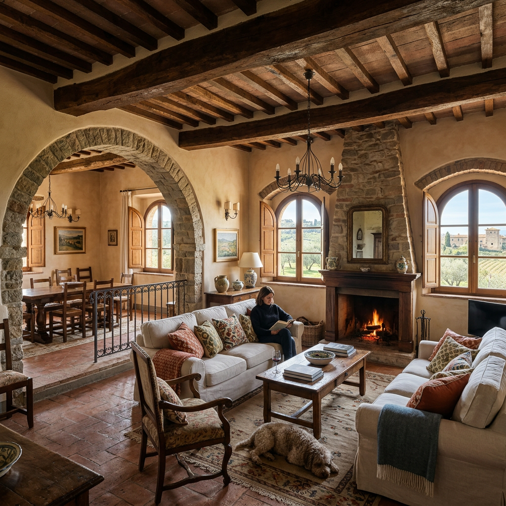 Rustic living room with stone fireplace, wooden beams, woman reading on sofa, and dog lying on rug