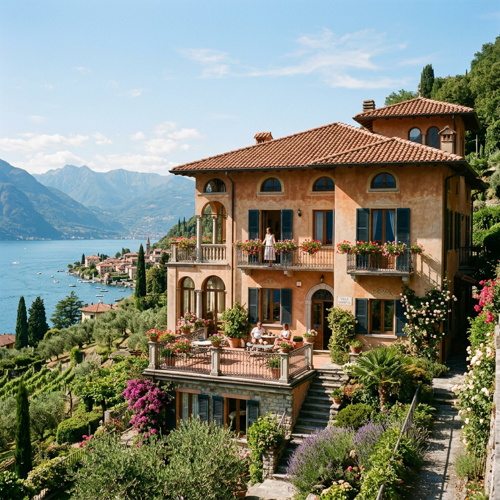 Italian villa with terrace and garden overlooking lake and mountains