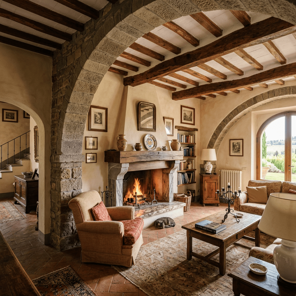 Tuscan living room with stone arches, wooden beams, fireplace, and cozy furniture