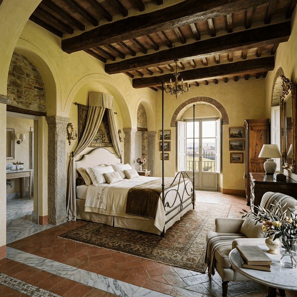 Tuscan bedroom with wooden beams, four-poster bed, and arched window overlooking countryside