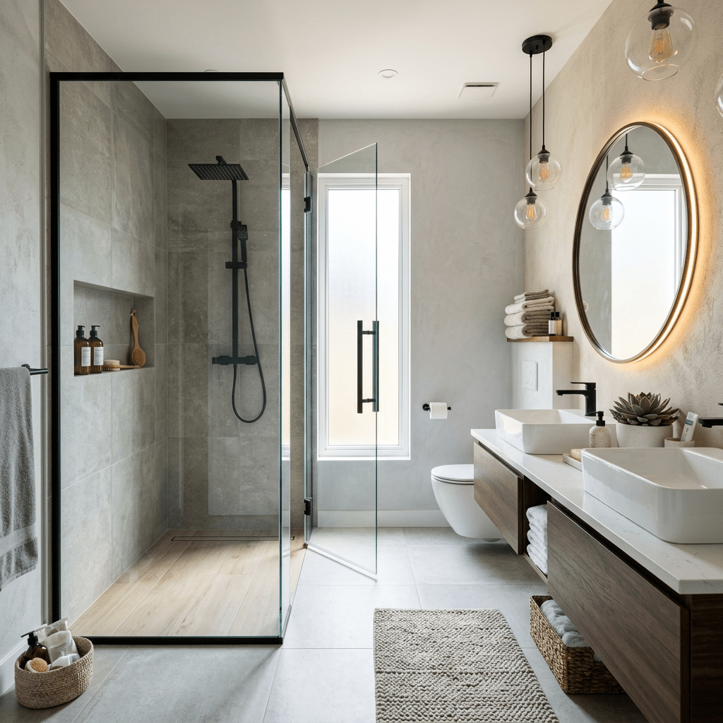 Modern bathroom with glass shower, double sinks, round mirror, and wooden cabinetry