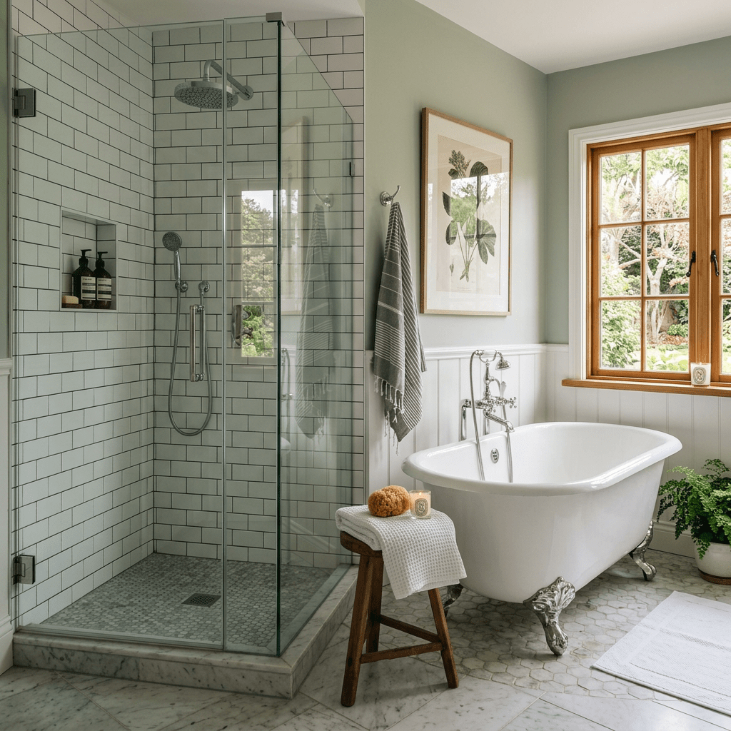 Split bathroom modern shower and clawfoot tub