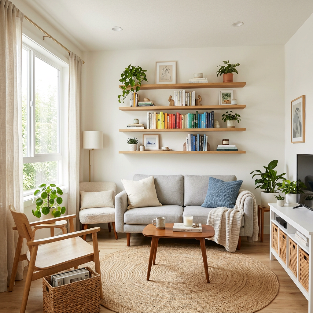 Living room with gray sofa, wooden armchair, round jute rug, floating shelves with colorful books and plants