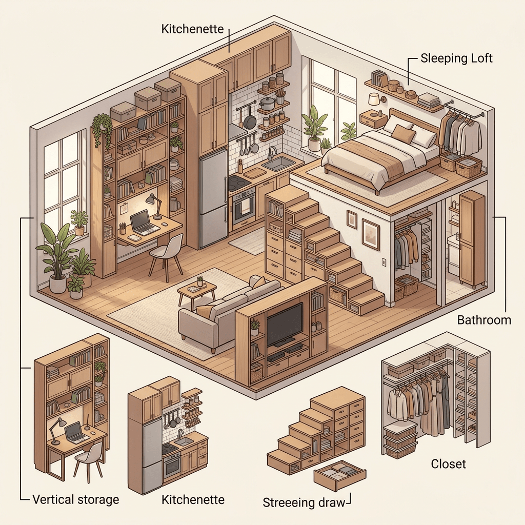 Isometric view of a compact loft apartment with kitchenette, sleeping loft, vertical storage, bathroom, closet, and staircase drawers.
