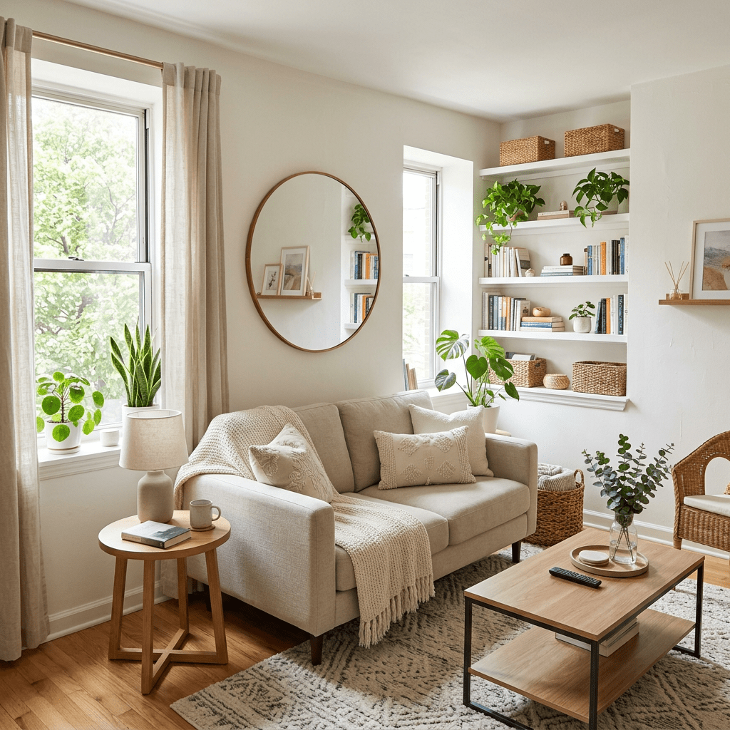 Living room with beige sofa, round mirror, green plants, wooden furniture, and shelves with books and wicker baskets