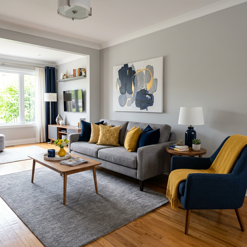 Gray sofa with navy and yellow pillows next to navy armchair with yellow throw in bright living room