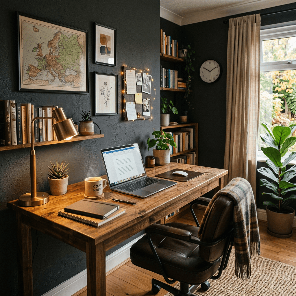 Home office desk with laptop, books, plants, and warm lighting by a window