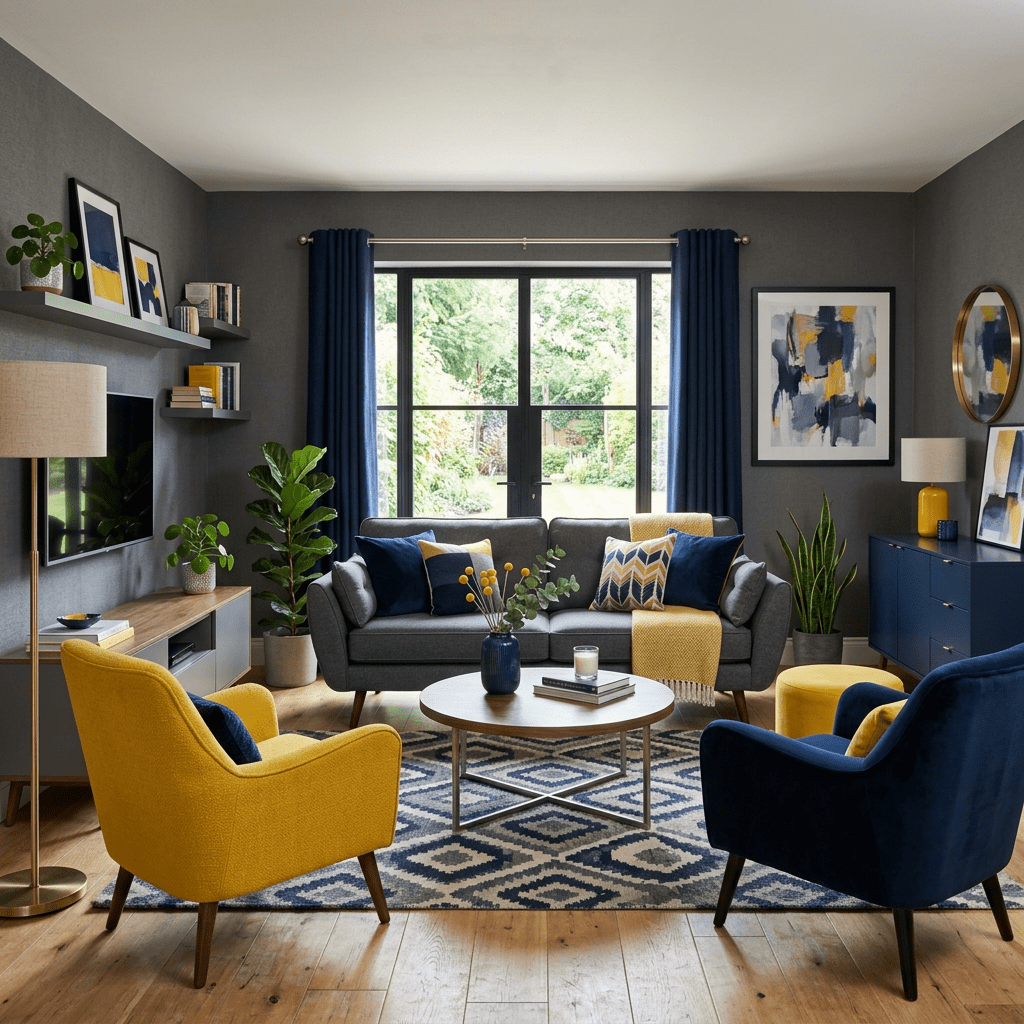 Living room with gray sofa, yellow and blue armchairs, patterned rug, and large window showing greenery outside