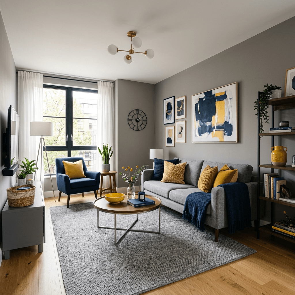 Living room with gray sofa, blue armchair, abstract wall art, and wooden coffee table