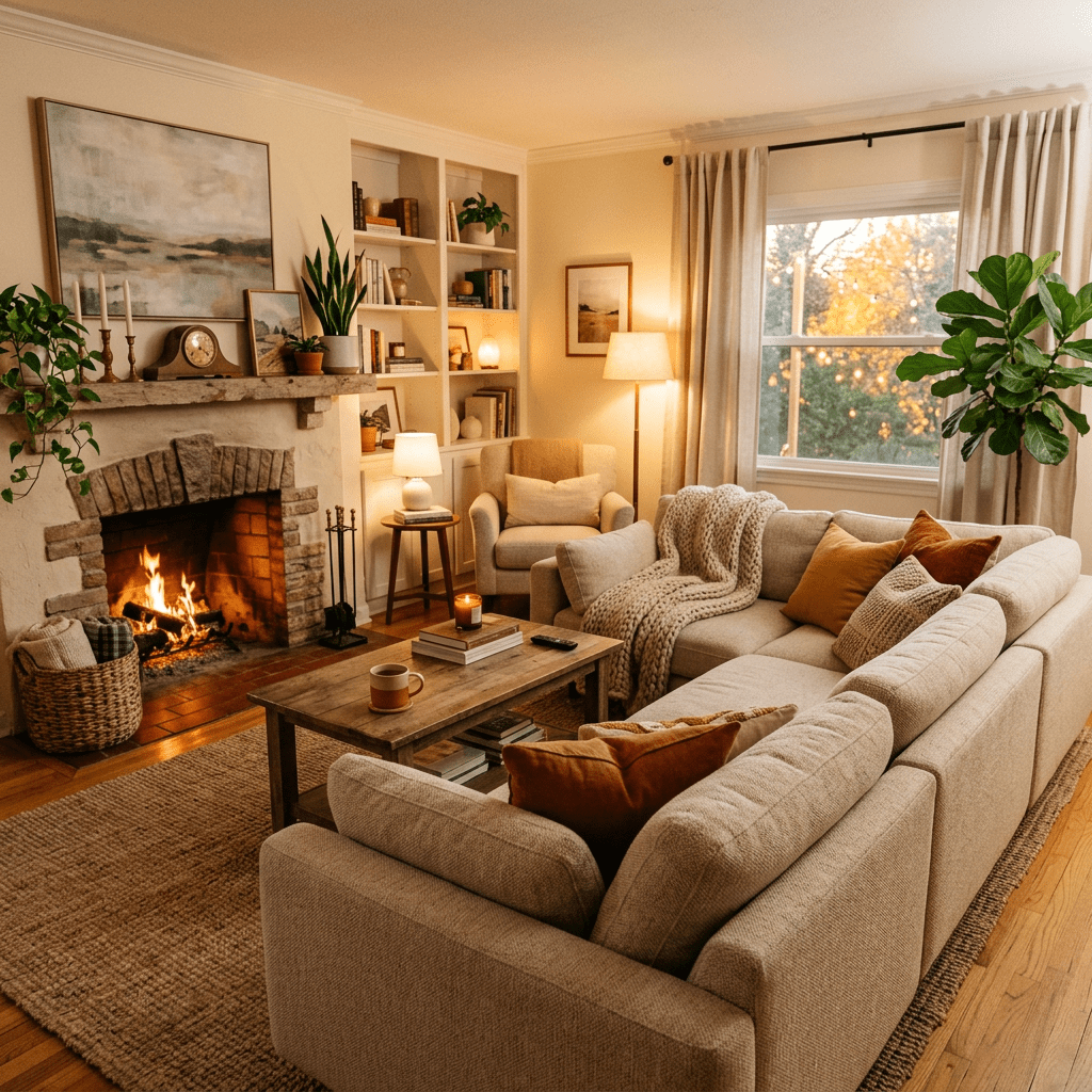 Living room with beige sectional sofa, fireplace with fire burning, wooden coffee table, and large window showing autumn trees